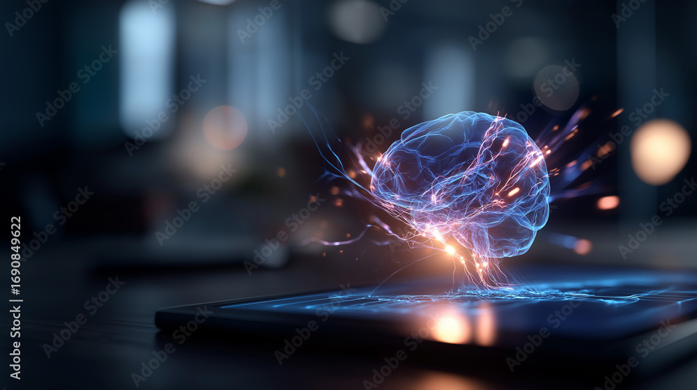 Poster a glowing ai brain visualization hovering above a touchscreen neural circuits sparking with blue and