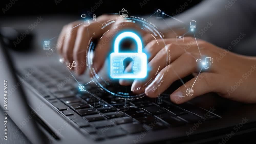 Poster a person typing on a laptop with a digital lock symbolizing cybersecurity. the image represents data