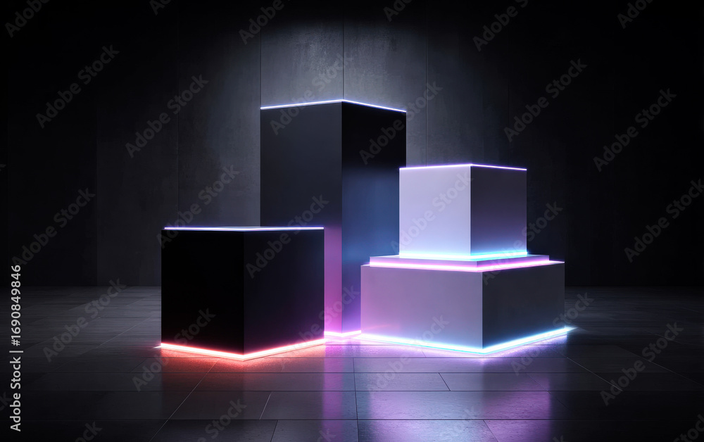 Poster modern geometric cubes with colorful glowing edges in a dark setting