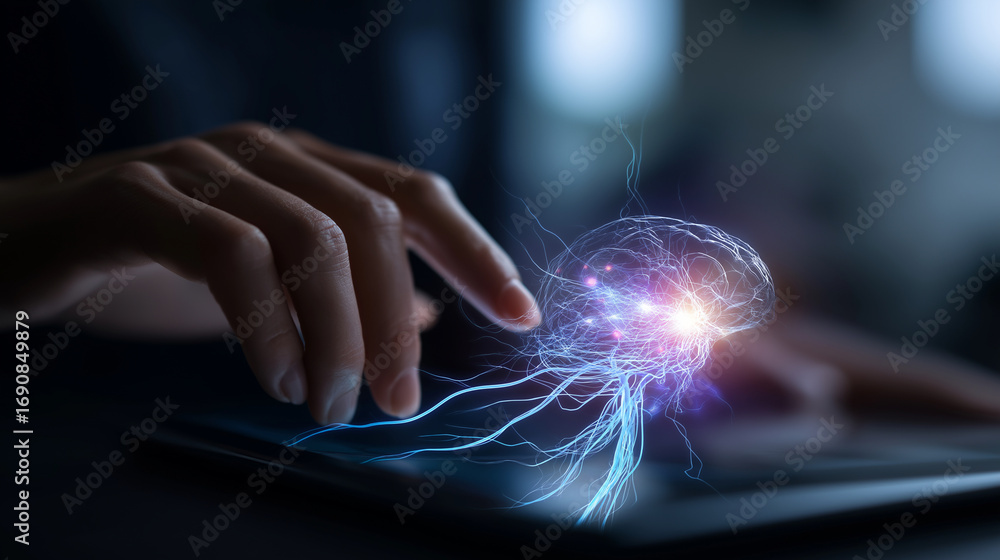 Aufkleber a glowing ai brain visualization hovering above a touchscreen neural circuits sparking with blue and