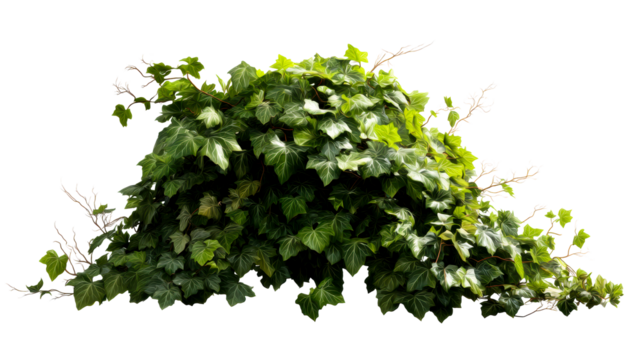 Dense Green English Ivy Plant with Climbing Stems Against White Background, cut out transparent
