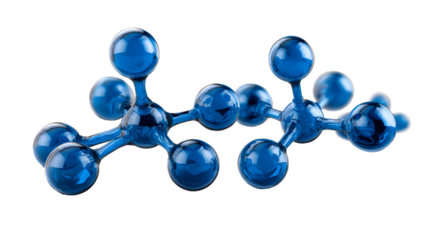 Transparent blue molecular structure with interconnected spheres, cut out transparent