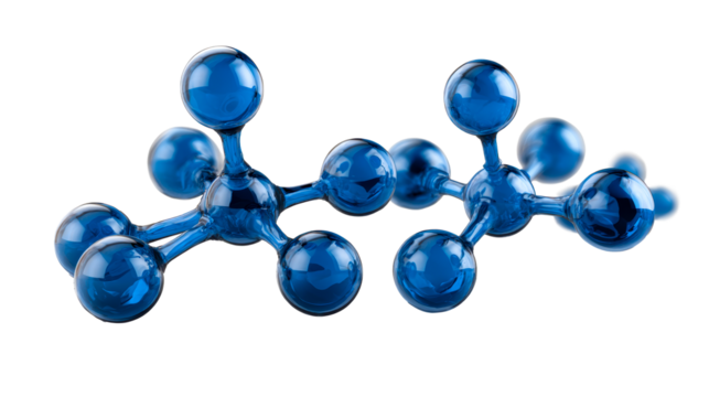 Transparent blue molecular structure with interconnected spheres, cut out transparent