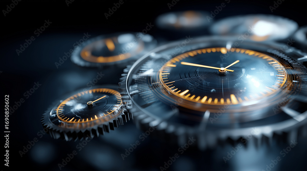 Poster a glowing productivity optimization screen with gears turning smoothly time icons flashing as schedu