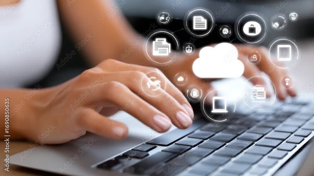 Poster a close-up view of hands typing on a keyboard, surrounded by digital icons representing cloud storag
