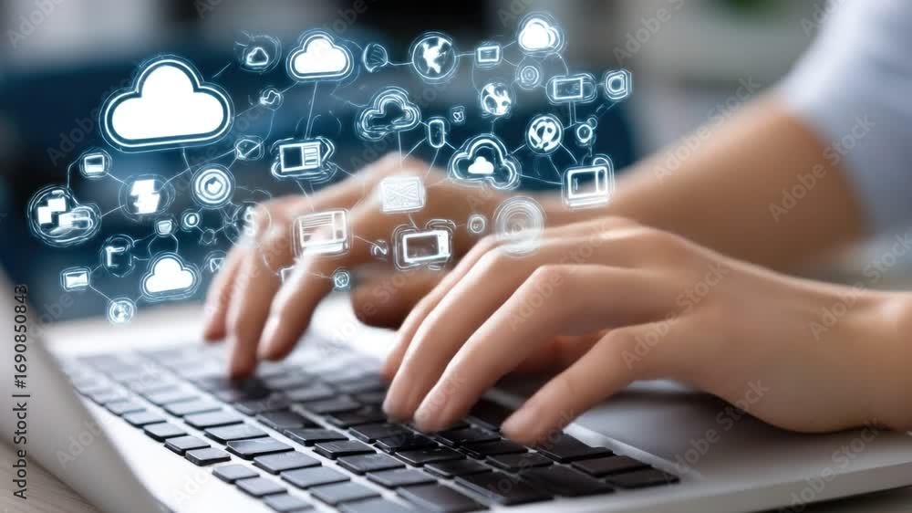 Poster a close-up view of hands typing on a laptop with cloud computing graphics hovering above, symbolizin