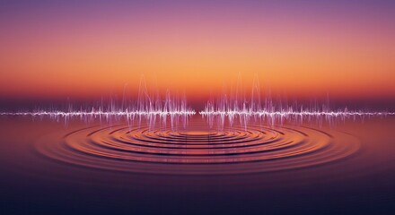 Ripples spread across water under a twilight sky accompanied by a line graph visual