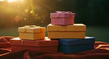 Stack of gift boxes in various colors arranged on a dark red cloth