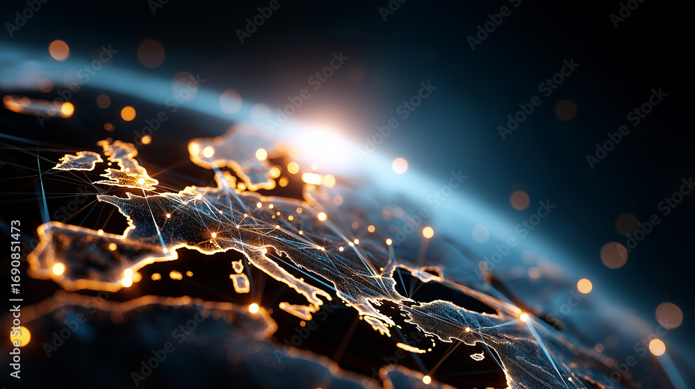 Poster a futuristic digital hub where ai and machine learning integrate into glowing global systems nodes c