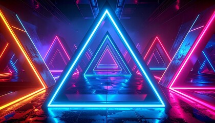 Sharp neon triangles with glowing edges futuristic digital cyber inspired abstract background