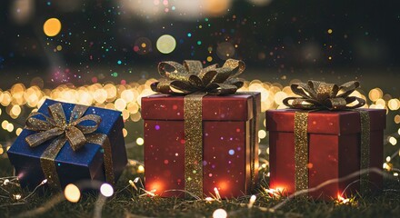 Three gifts two red and one blue wrapped in gold ribbon sit on grass amid string lights and bokeh