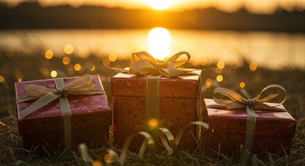 Three red gift boxes with gold ribbons sit outdoors against a sunset backdrop with blurred lights