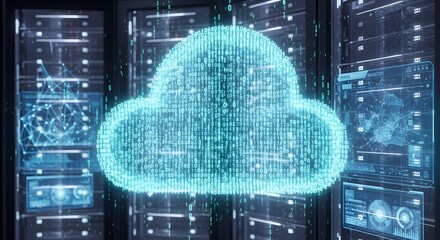 Dynamic digital cloud interface with glowing binary code in futuristic server room