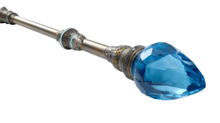 Ornate metallic staff topped with a large faceted blue gem, cut out transparent