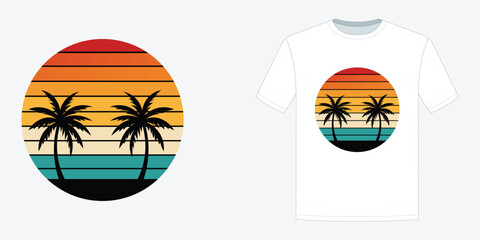 Naklejka premium Retro palm tree sunset illustration for summer T-shirt design, tropical beach vector graphic with vintage colors