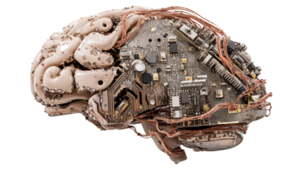 Biomechanical brain with integrated circuitry and copper wiring, cut out transparent