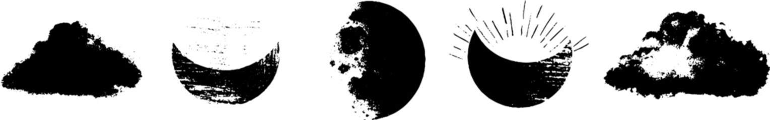 Grunge black and white moon phases set for urban design and decor