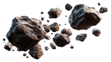 Collection of textured asteroids floating against a stark white background, cut out transparent