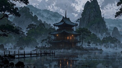 Obraz premium Ancient Pagoda on a Misty Lake, Digital Painting