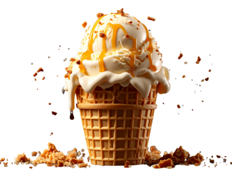 Soft Serve Ice Cream with Caramel Drizzle in Waffle Cone – Realistic PNG