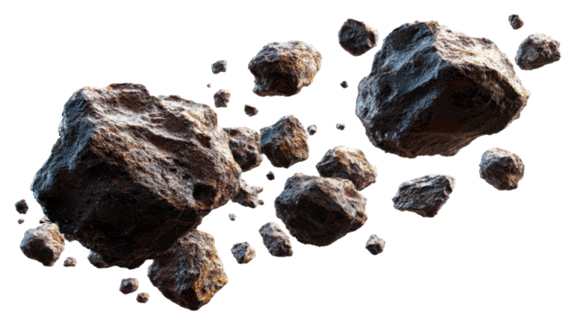 Collection of textured asteroids floating against a stark white background, cut out transparent