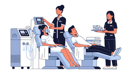 Modern dental clinic scene with dentists and patients in chairs receiving treatment and consultation with advanced equipment