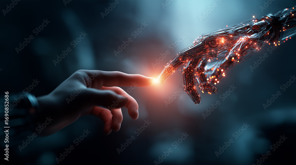 Aufkleber a futuristic robotics lab where human and ai neural networks glow together holographic circuits link