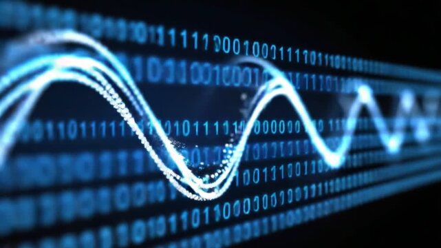 An abstract representation of digital data flow featuring binary code and wave patterns in vibrant blue tones, symbolizing modern communication and technological innovation.