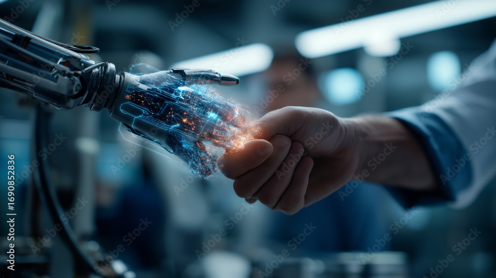 Poster a futuristic robotics lab where human and ai neural networks glow together holographic circuits link