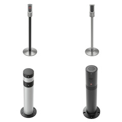 Modern security bollards in various designs, showcasing sleek metal finishes and integrated technology, ideal for urban environments, enhancing safety and accessibility in public spaces