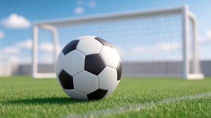 Obraz premium Close-Up of a Black and White Soccer Ball on Lush Green Grass with a Goalpost in the Background against a Clear Blue Sky