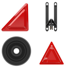 Red warning triangle and black wheel chock displayed together, showcasing essential safety equipment for vehicles, emphasizing road safety and preparedness in emergency situations with clear visibilit