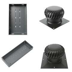 Industrial ventilation components including a round turbine ventilator and rectangular ducting, showcasing durable materials and functional design for effective airflow management in various applicati