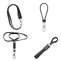 Various styles of black lanyards with metal clips displayed on a white background, showcasing different lengths and designs, ideal for holding ID cards and keys in a professional setting