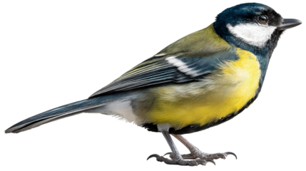 Great Tit bird perched on a white background with detailed feathers, cut out transparent