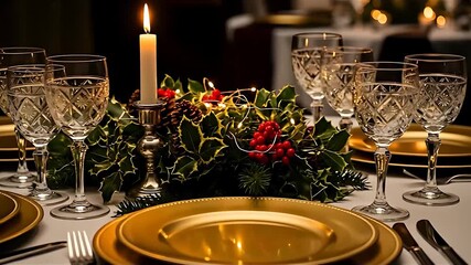 Elegant holiday dinner table setting with golden plates, crystal glasses, and a candlelit centerpiece - Powered by Adobe