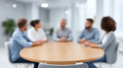 Group of Professional Individuals Engaged in a Discussion Around a Round Table in a Modern Office Environment with Blurred Background
