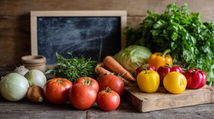 Vibrant fresh vegetables and herbs on rustic wooden table in cozy kitchen with natural warm lighting and empty chalkboard background