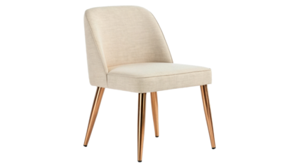 Modern chair featuring soft beige fabric upholstery and sleek wooden legs, perfect for contemporary dining or living spaces, adding touch of elegance and comfort