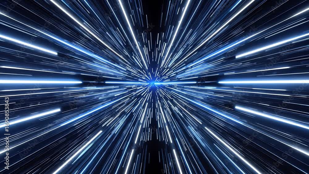 Poster a dynamic exploration of light beams radiating from a central point, creating an immersive experienc