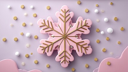 Playful pink snowflake ornament with golden accents surrounded by white and gold festive confetti on pastel background, cheerful holiday design for commercial use