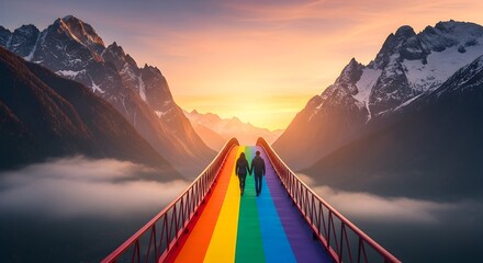 Couple walks hand-in-hand across vibrant rainbow bridge towards epic mountain sunset