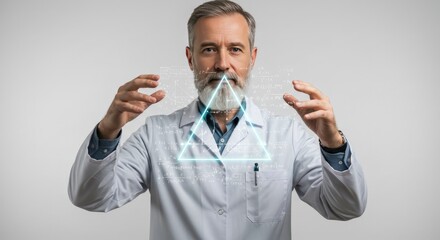 Mature Male Scientist in White Coat Examining a Glowing Cyan Triangle Hologram Against a Neutral Gray Background