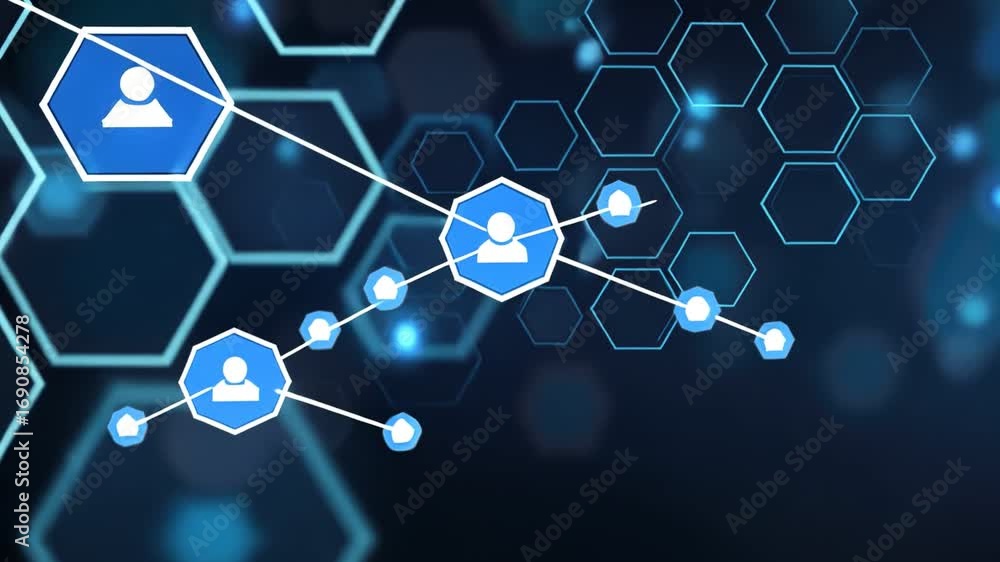 Poster abstract technology background featuring blue hexagons and a user icon symbolizing digital networkin