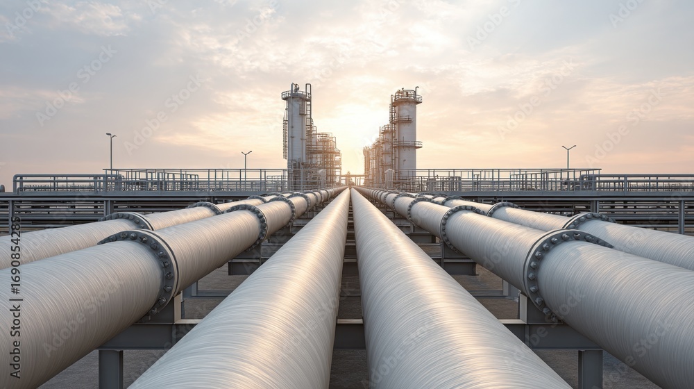 Poster industrial pipeline network under sunny sky with clouds and tower structures in background at sunset