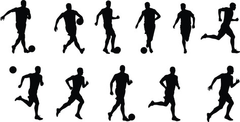Soccer player silhouettes, football action poses, dribbling, kicking, running, sports movement, athletic figures, game play, team sport, ball control icons