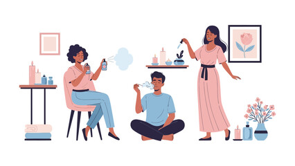 Diverse group of people enjoying a relaxing spa experience with aromatherapy skincare products and essential oils in a modern bright setting