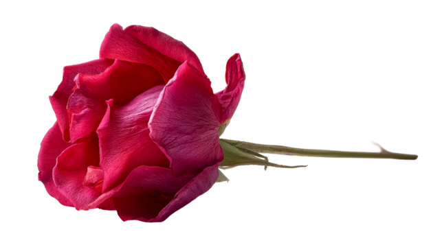 Single deep red rose with wilting petals lying on a white surface, cut out transparent