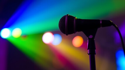 Obraz premium A microphone on stage bathed in colorful lights, capturing the energy of a live concert.