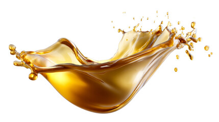 Dynamic amber liquid splash with droplets frozen in motion, cut out transparent